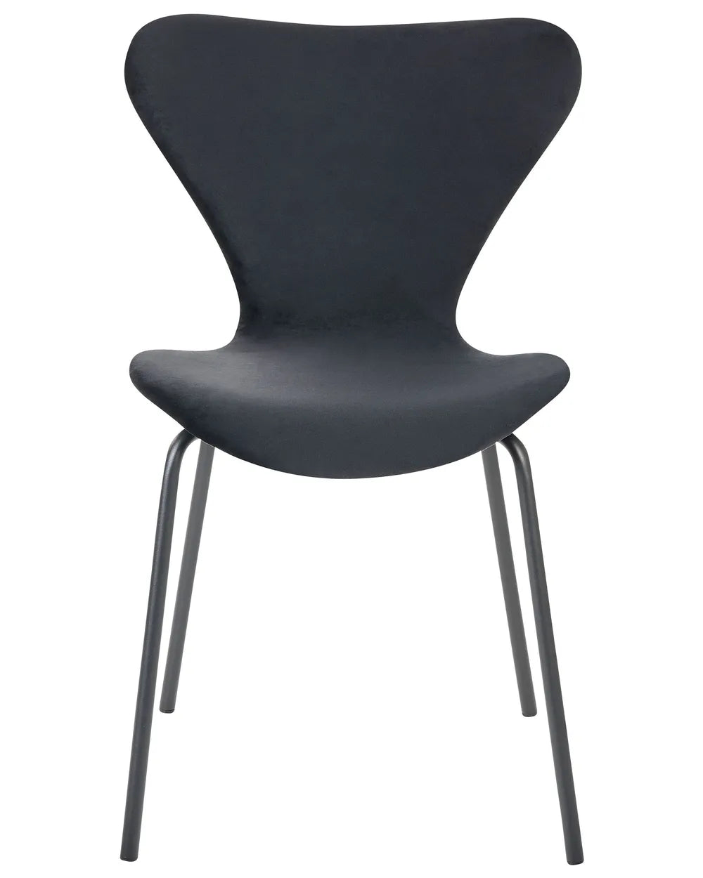 A modern black molded plastic chair with a curved backrest and slim metal legs, shown against a plain white background.