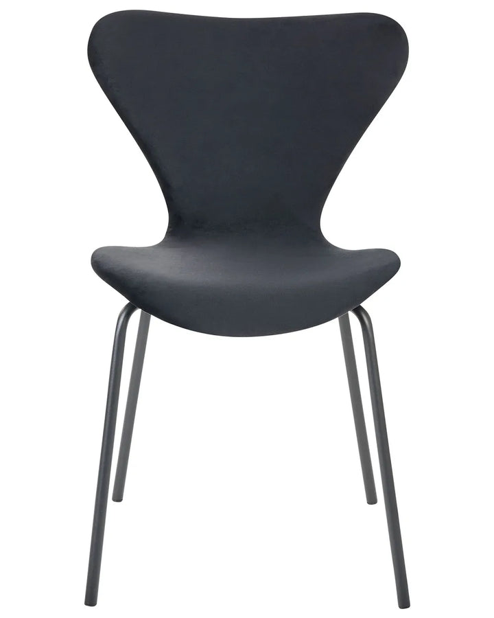 A modern black molded plastic chair with a curved backrest and slim metal legs, shown against a plain white background.