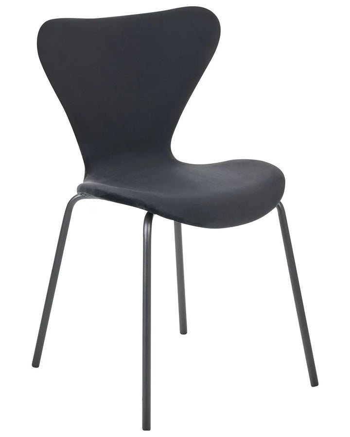 A modern black chair with a sculpted shell seat and back, supported by slim metal legs, shown against a plain white background.