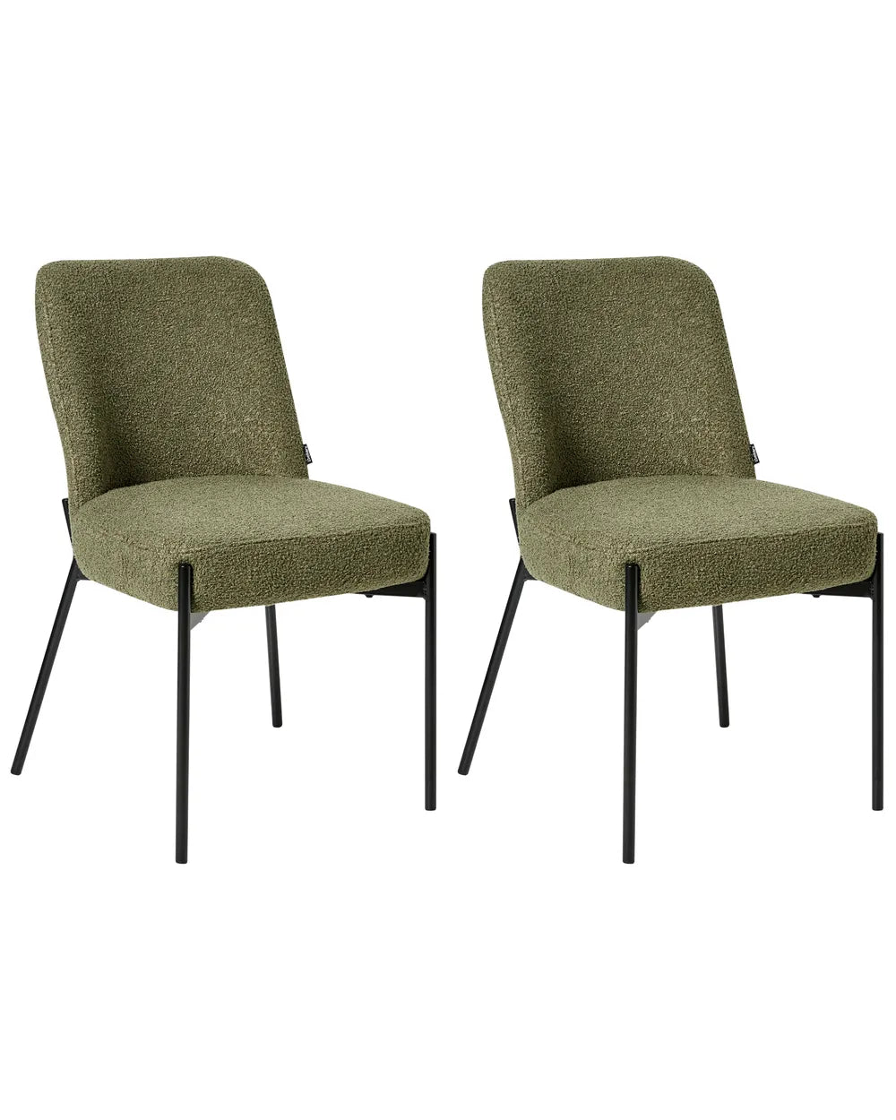 Two matching upholstered dining chairs with textured olive green bouclé-style seats and backs and slim black metal legs, shown on a plain white background.