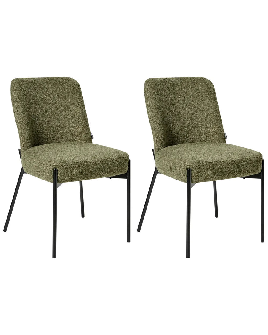 Two matching upholstered dining chairs with textured olive green bouclé-style seats and backs and slim black metal legs, shown on a plain white background.