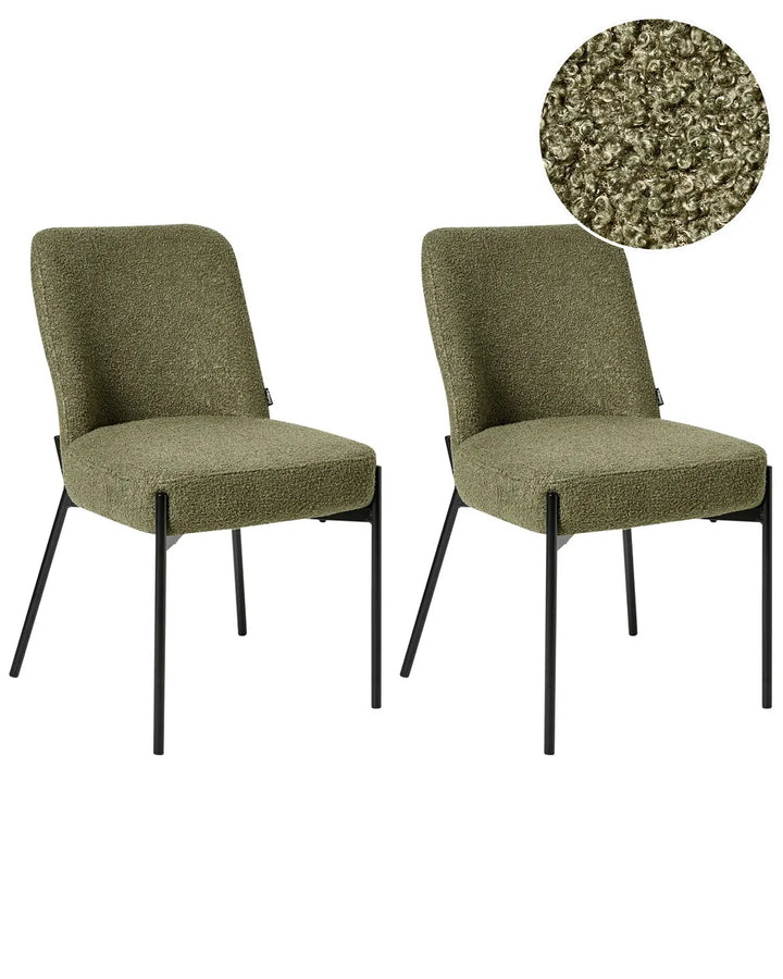 Two matching upholstered dining chairs with textured olive green bouclé-style seats and backs and slim black metal legs, shown on a white background with a circular fabric close-up inset in the top right.