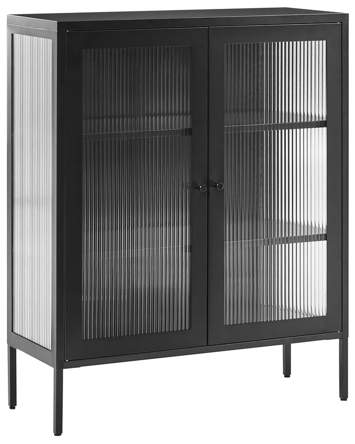 A modern black metal cabinet with two doors featuring vertical fluted glass panels, shown on a plain white background.