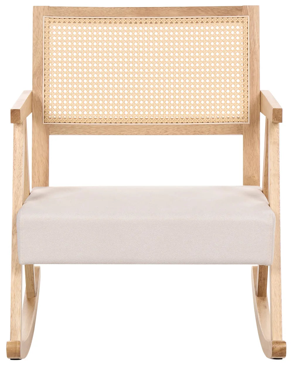 A light natural wood rocking chair with a woven cane backrest and a cream-colored upholstered seat cushion, shown against a plain white background.