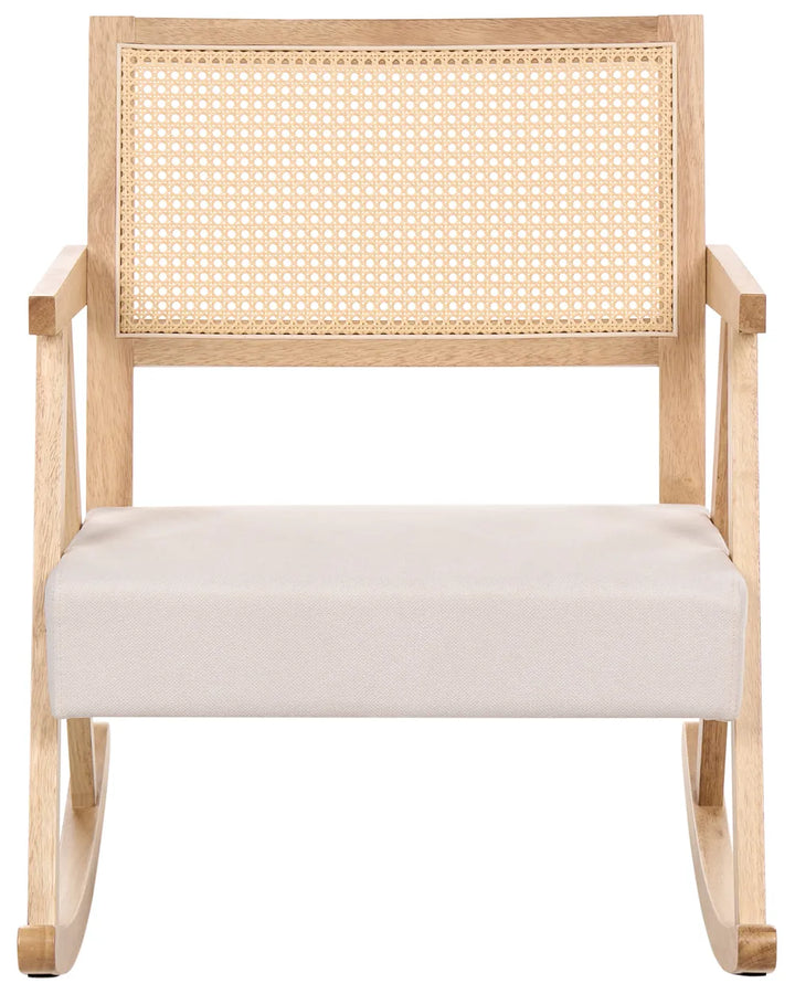 A light natural wood rocking chair with a woven cane backrest and a cream-colored upholstered seat cushion, shown against a plain white background.