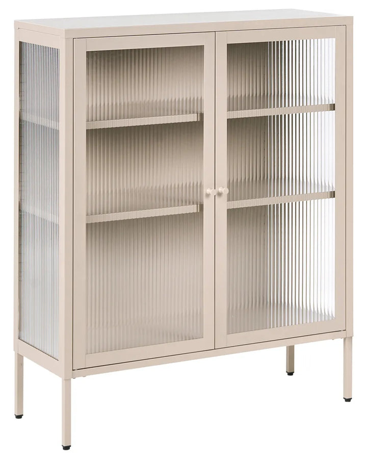 A modern two-door storage cabinet in a light beige finish, featuring ribbed translucent glass doors and open shelves, shown against a plain white background.