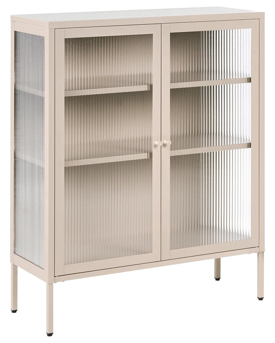 A modern two-door storage cabinet in a light beige finish, featuring ribbed translucent glass doors and open shelves, shown against a plain white background.