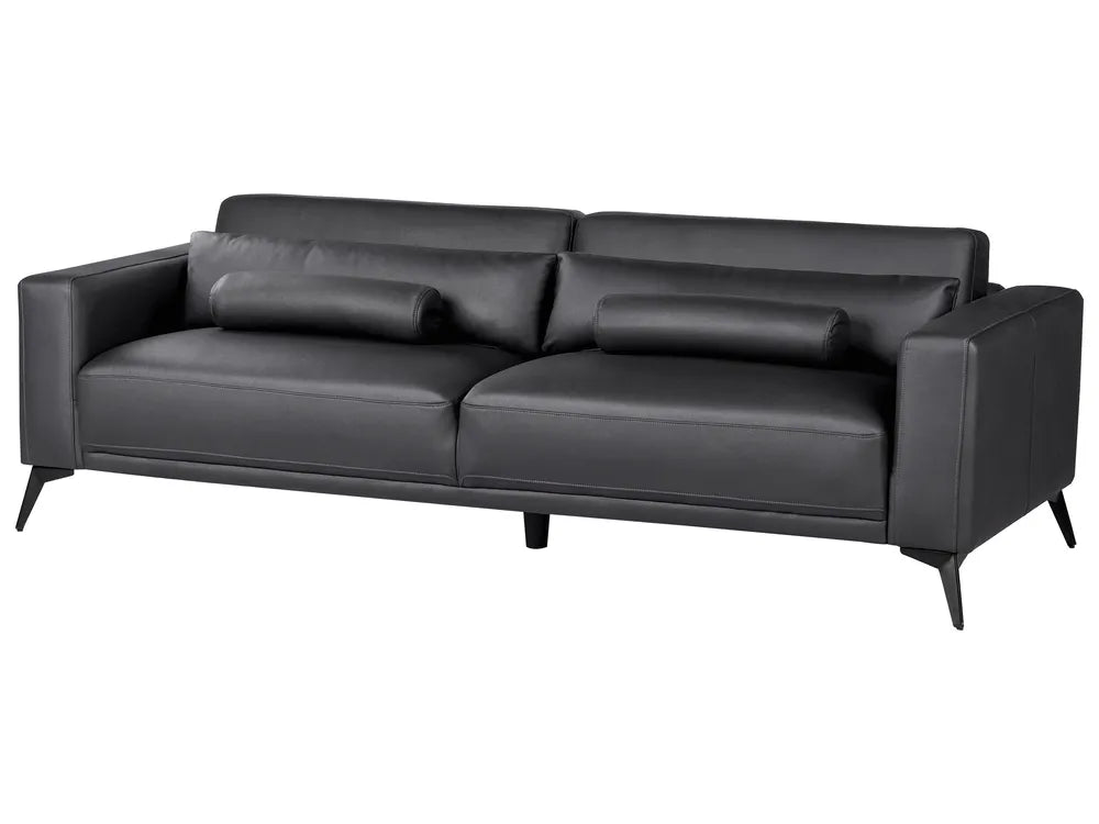 A modern black faux leather loveseat sofa with two matching cylindrical lumbar pillows and tapered black legs, shown against a plain white background.