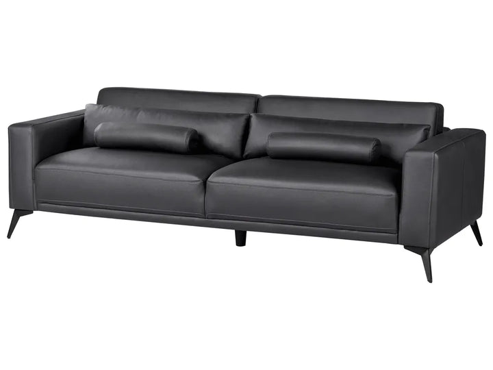 A modern black faux leather loveseat sofa with two matching cylindrical lumbar pillows and tapered black legs, shown against a plain white background.