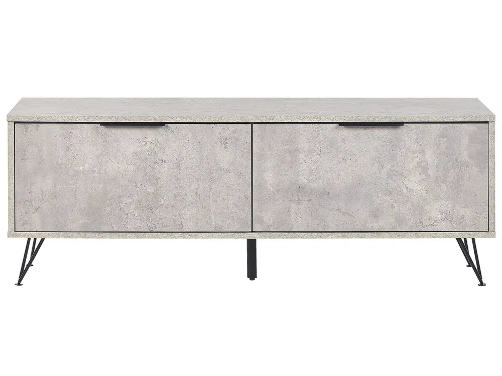 A modern sideboard or media console with a textured light gray concrete-look finish, featuring two front drawers with slim black handles and four black metal hairpin legs, shown against a plain white background.