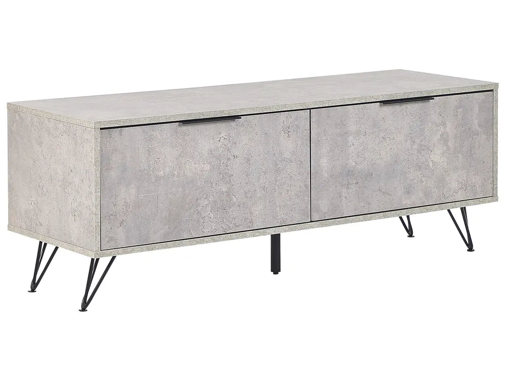 A modern sideboard or media console with a textured light gray concrete-look finish, featuring two front drawers with slim black handles and black hairpin legs, shown on a plain white background.