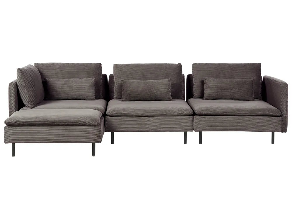 A three-seater sectional sofa upholstered in textured dark gray fabric, featuring a left-facing chaise lounge, three seat cushions, and slim black legs, shown against a plain white background.