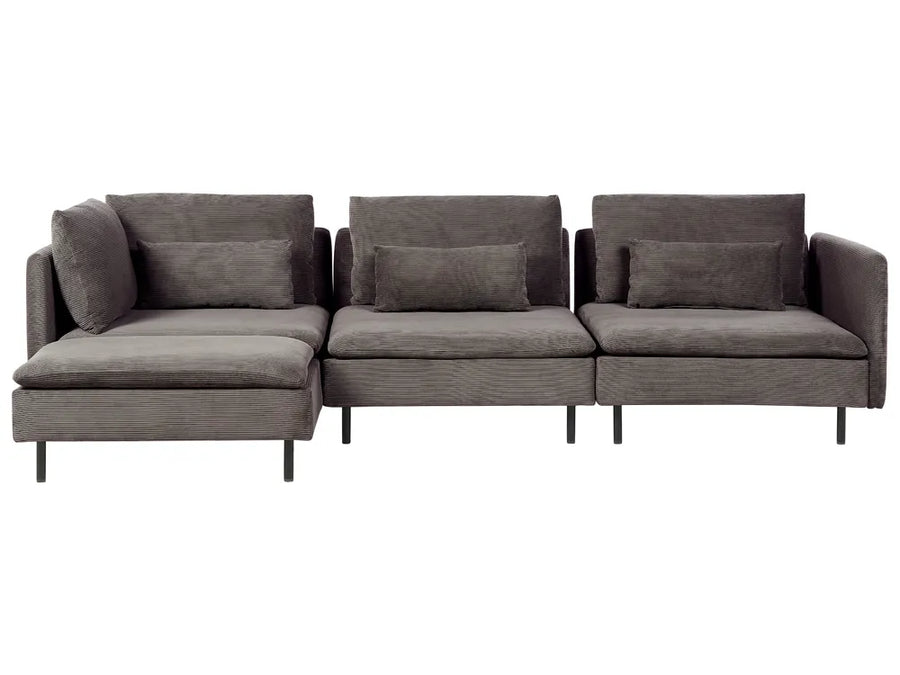 A three-seater sectional sofa upholstered in textured dark gray fabric, featuring a left-facing chaise lounge, three seat cushions, and slim black legs, shown against a plain white background.
