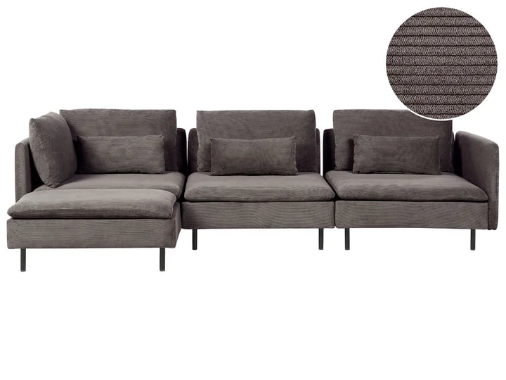 A three-seater sectional sofa upholstered in textured dark gray fabric, featuring a left-facing chaise lounge and a circular fabric close-up inset in the top right corner.