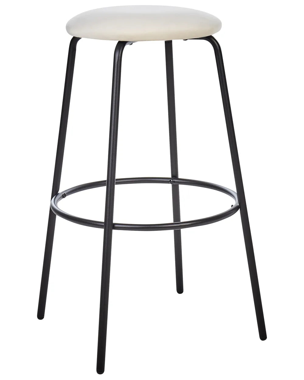 Bar stool with black metal legs and white cushioned seat on a white background