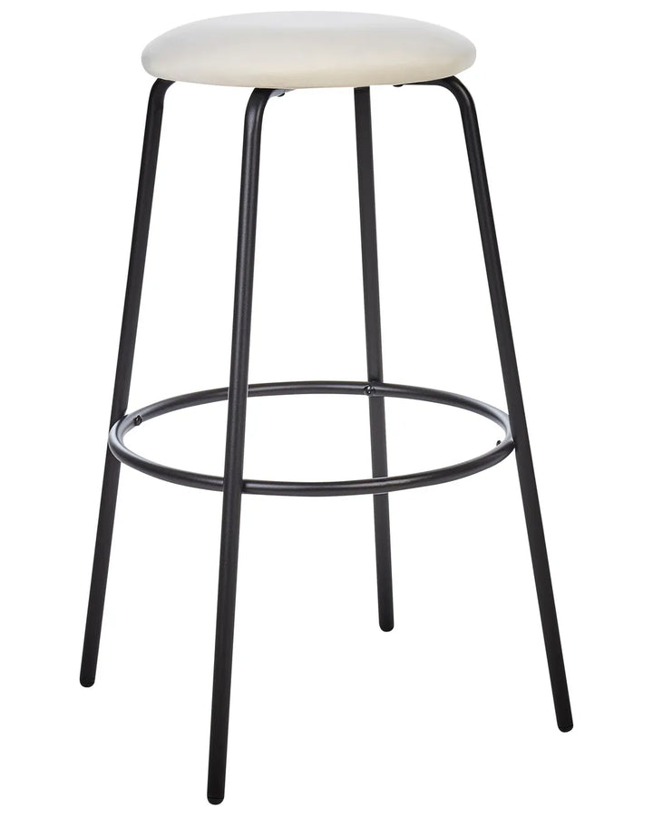 Bar stool with black metal legs and white cushioned seat on a white background