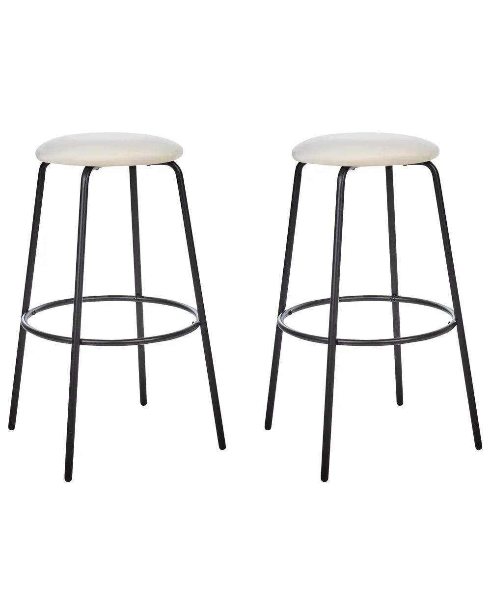 Two bar stools with black metal legs and white cushioned seats on a white background