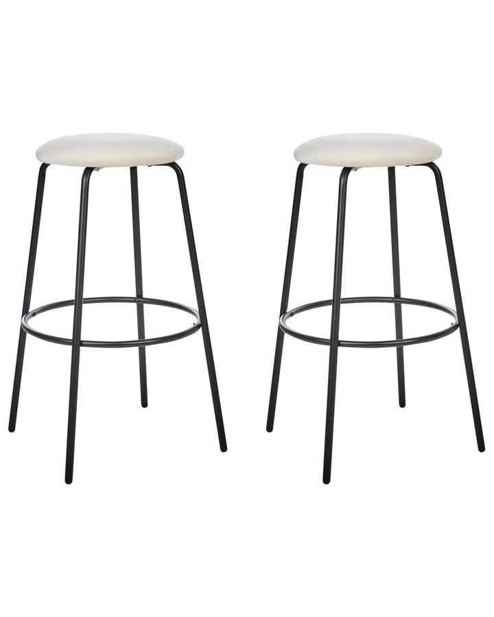 Two bar stools with black metal legs and white cushioned seats on a white background