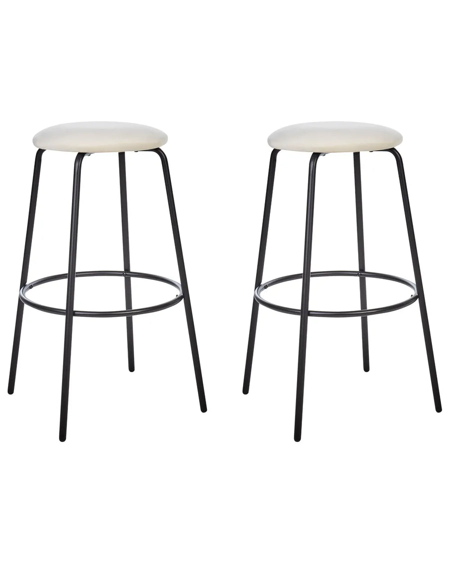 Two bar stools with black metal legs and white cushioned seats on a white background