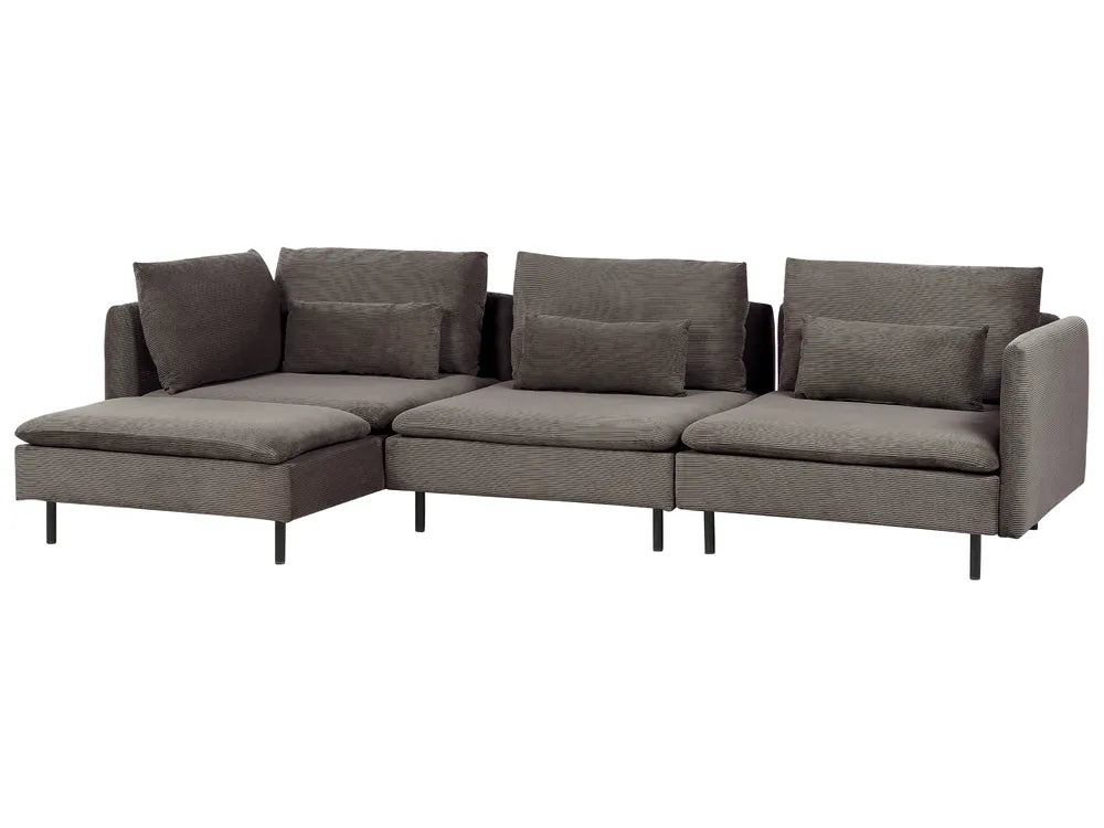 A modern three-seater sectional sofa in a textured dark gray fabric, featuring a left-facing chaise lounge, three back cushions, and slim black metal legs, shown against a plain white background.