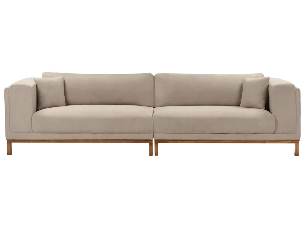A modern two-seater sofa in a light beige fabric with a natural wood frame and legs, shown against a plain white background.