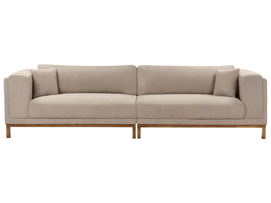 A modern two-seater sofa in a light beige fabric with a natural wood frame and legs, shown against a plain white background.