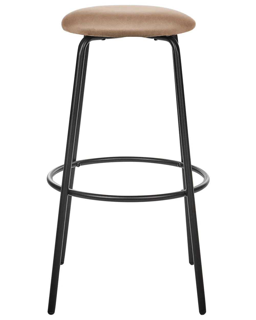 Bar stool with beige cushioned seat and black metal frame on a white background