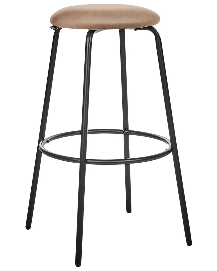Bar stool with beige cushioned seat and black metal legs on a white background