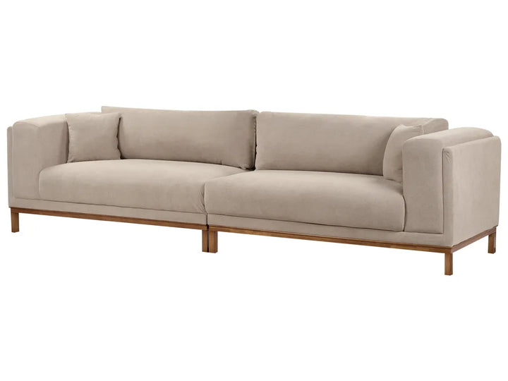 A modern two-seater sofa with beige fabric upholstery and a light wood frame, shown from a three-quarter angle against a plain white background.