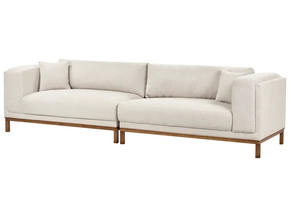 A modern two-seater sofa with off-white textured fabric upholstery and a light brown wooden frame and legs, shown against a plain white background.