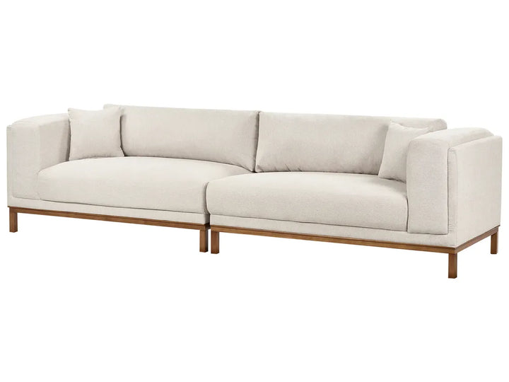 A modern two-seater sofa with off-white textured fabric upholstery and a light brown wooden frame and legs, shown against a plain white background.