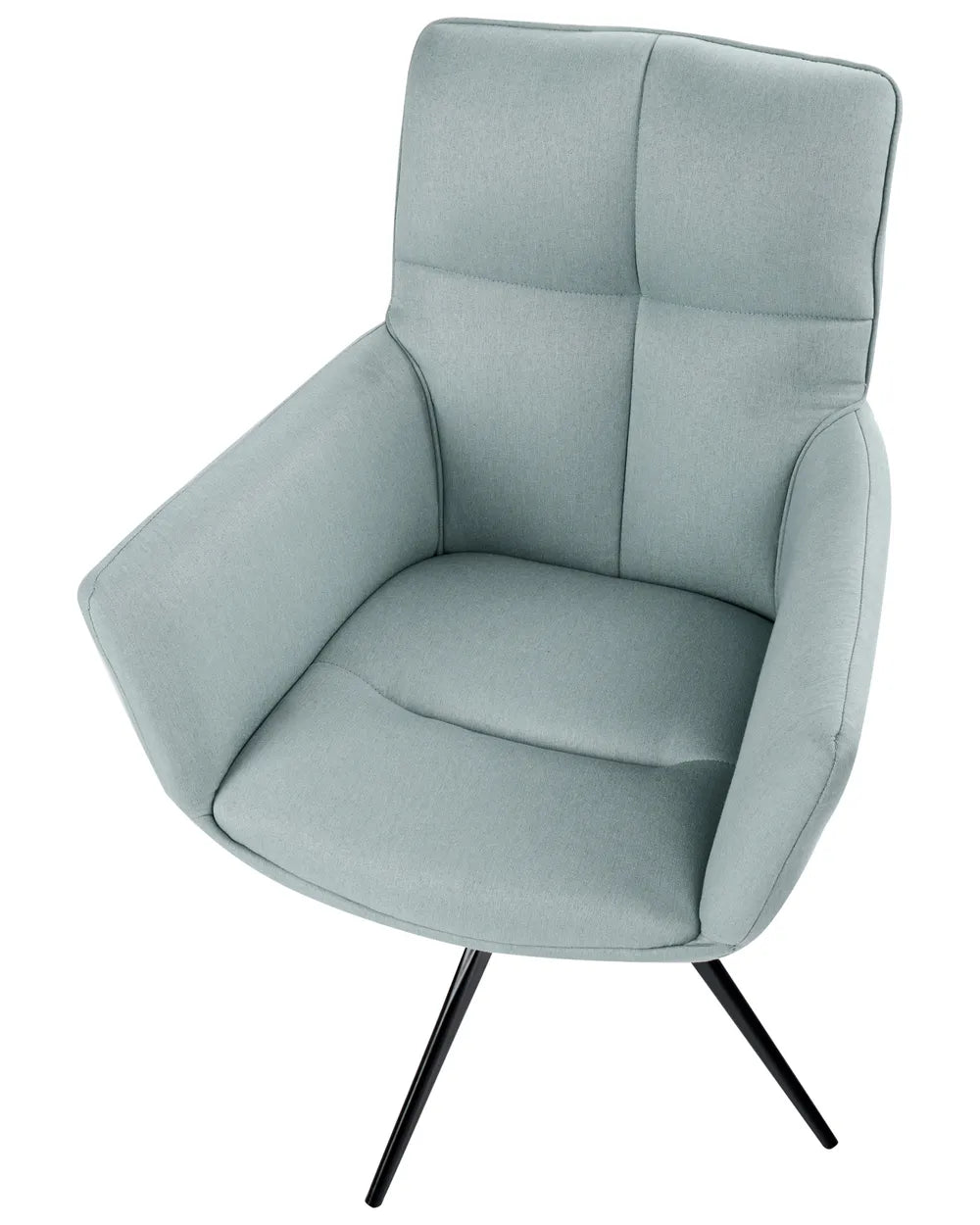 A modern upholstered accent chair in a light sage green fabric with black metal legs, shown against a plain white background.