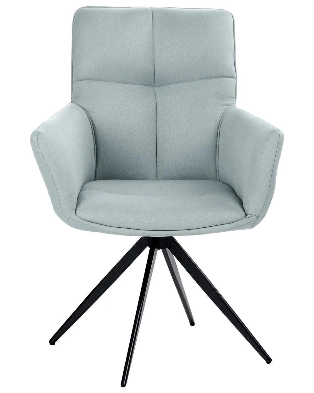 A modern upholstered swivel chair with a high back, padded armrests, and a black metal tripod base, shown on a plain white background.