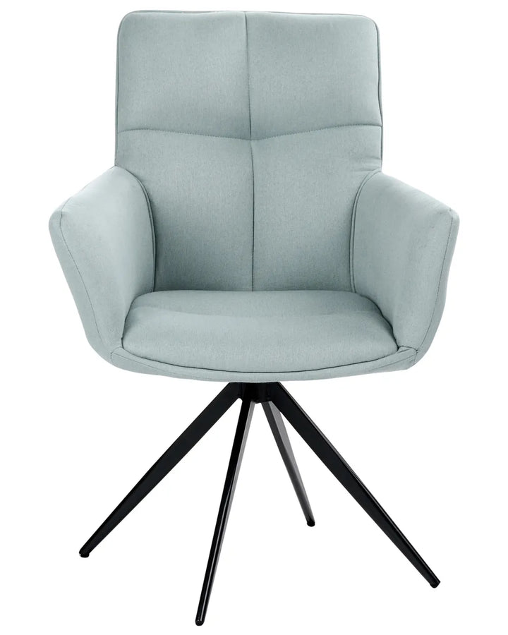 A modern upholstered swivel chair with a high back, padded armrests, and a black metal tripod base, shown on a plain white background.