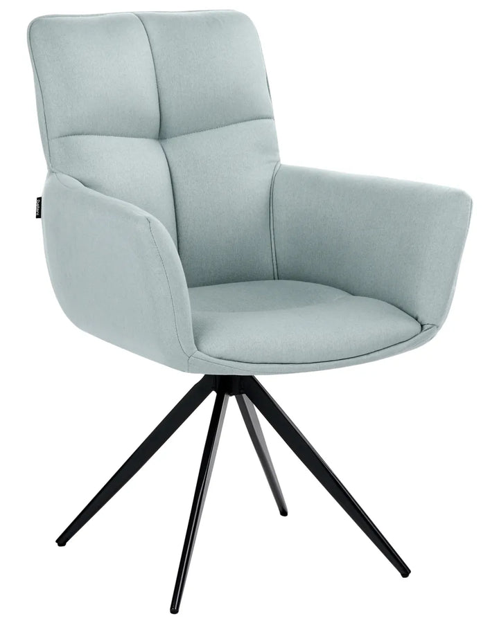 A modern upholstered swivel armchair in a pale icy blue fabric with a black four-star metal base, shown against a plain white background.