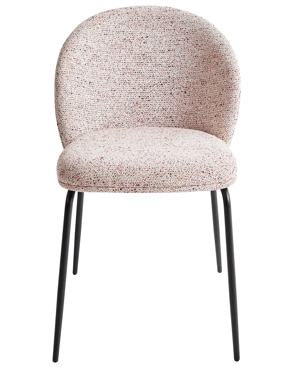 A modern upholstered dining chair with a rounded back and seat, covered in a textured speckled fabric in light pink, beige, and white tones, supported by four slim black metal legs, shown against a plain white background.
