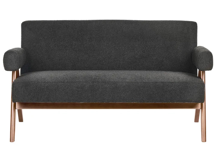 A modern loveseat sofa with dark charcoal gray textured upholstery and a copper-colored wooden frame, shown against a plain white background.