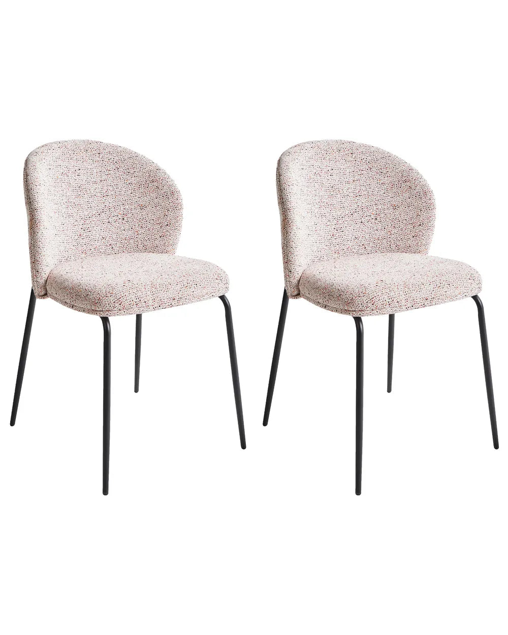 Two matching upholstered dining chairs with curved backs and seats, upholstered in a light beige fabric with a subtle pink and white speckled pattern, supported by slim black metal legs.