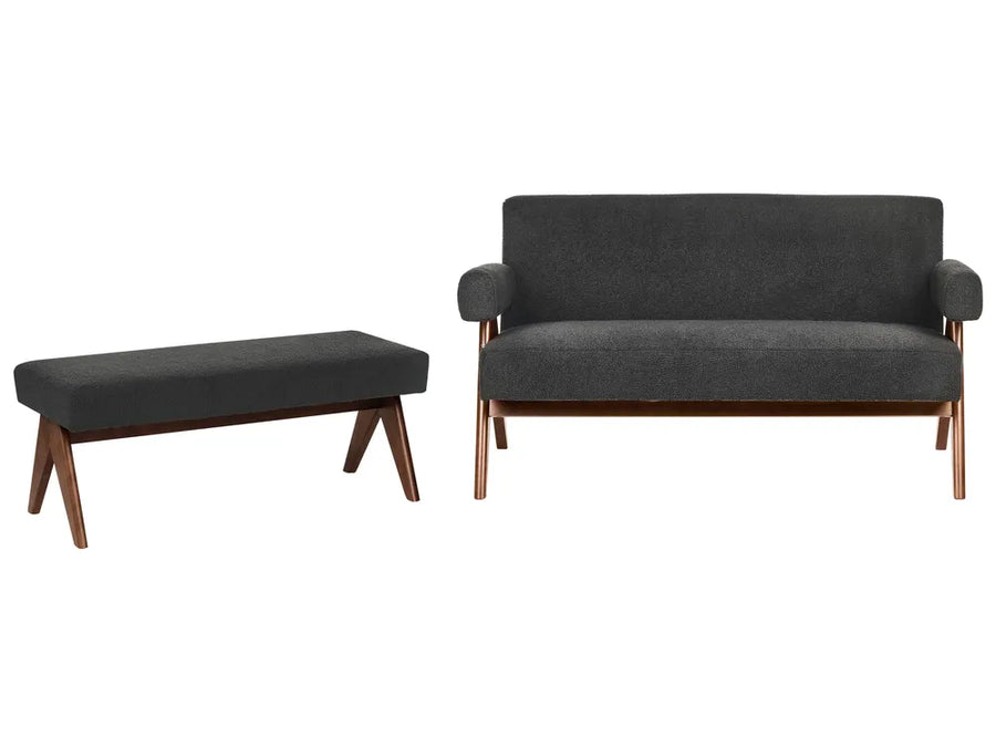 A mid-century modern two-piece furniture set featuring a dark gray upholstered loveseat and a matching rectangular bench with angled wooden legs, shown against a plain white background.