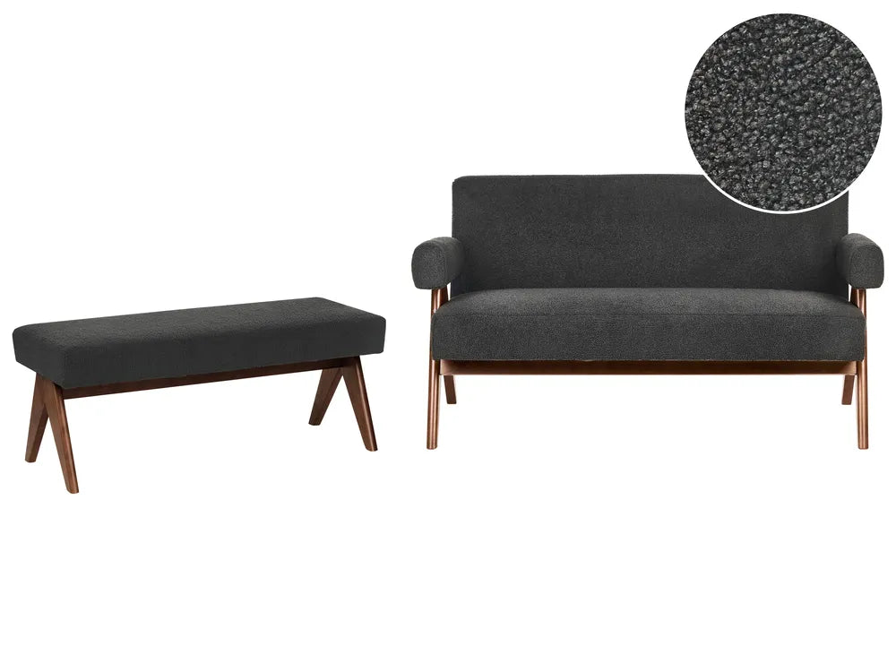 A dark gray upholstered bench and matching loveseat with angled wooden legs, shown on a white background with a circular fabric close-up inset.