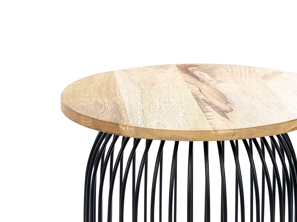 Wooden stool with black wire base on a white background