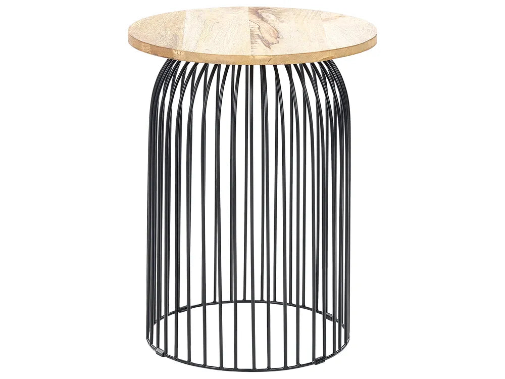 A modern side table featuring a round natural wood top with visible grain and a black metal wire cage cylindrical base, isolated on a white background.
