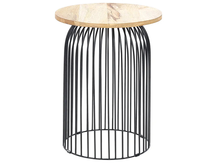 A modern side table featuring a round natural wood top with visible grain and a black metal wire cage cylindrical base, isolated on a white background.