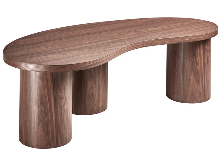 Wooden coffee table with a curved design on a white background