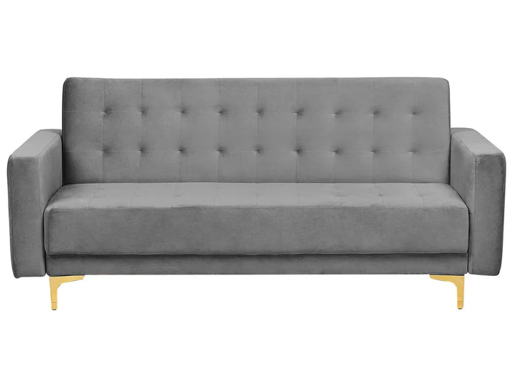 A modern gray velvet loveseat sofa with a tufted backrest and slim gold metal legs, shown against a plain white background.