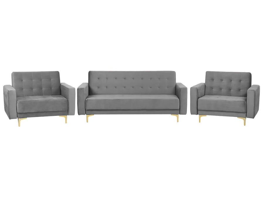 Gray sofa set with two armchairs on a white background