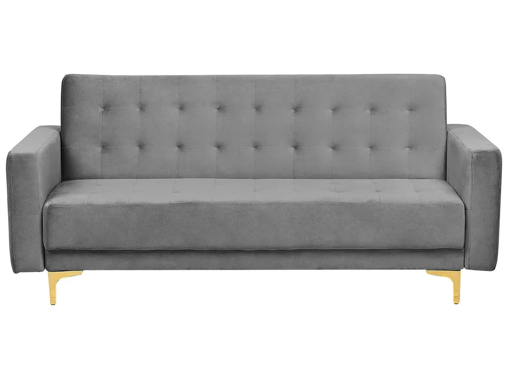A modern gray velvet loveseat sofa with a tufted backrest and slim gold metal legs, shown against a plain white background.