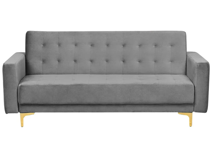 A modern gray velvet loveseat sofa with a tufted backrest and slim gold metal legs, shown against a plain white background.