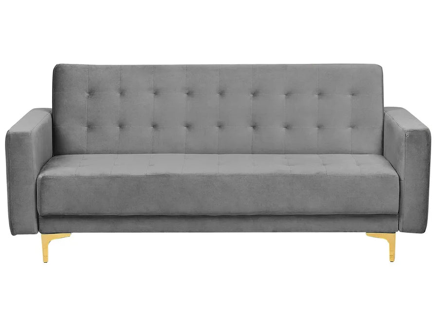 A modern gray velvet loveseat sofa with a tufted backrest and slim gold metal legs, shown against a plain white background.