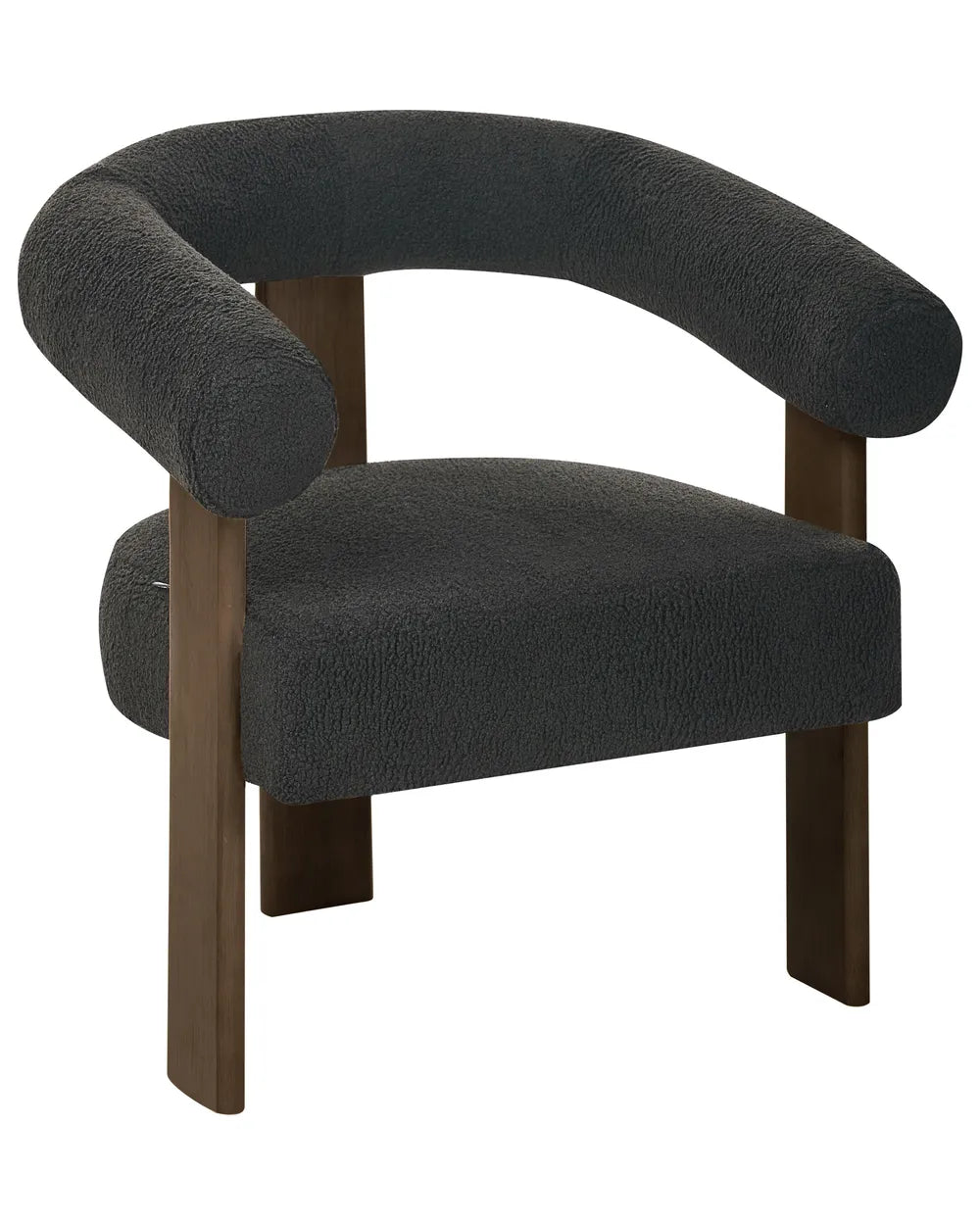 A modern accent chair with a dark charcoal gray textured bouclé fabric upholstery and dark brown wooden legs, shown against a plain white background.